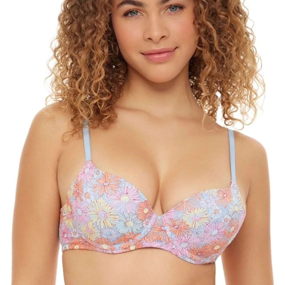 No Boundaries All Over Floral Lace Push Up Bra, Retro Daisy Outlined